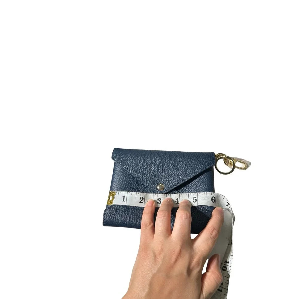Melodie Cecile Navy Blue Pebbled Leather Envelope Wallet Keychain Fuchsia Lining